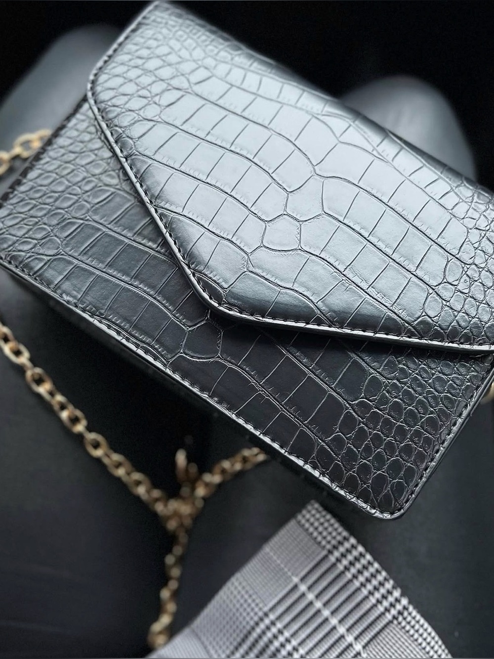 Black Croc-Embossed Envelope Clutch